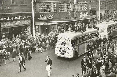 1955 Newcastle United FA Cup winning team parade go past Fenwicks on Blackett Street.jpg