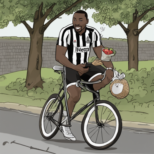 draw-shola-ameobi-wearing-newcastle-united-kit-riding-a-bicycle-and-eating-an-apple--892419981.png